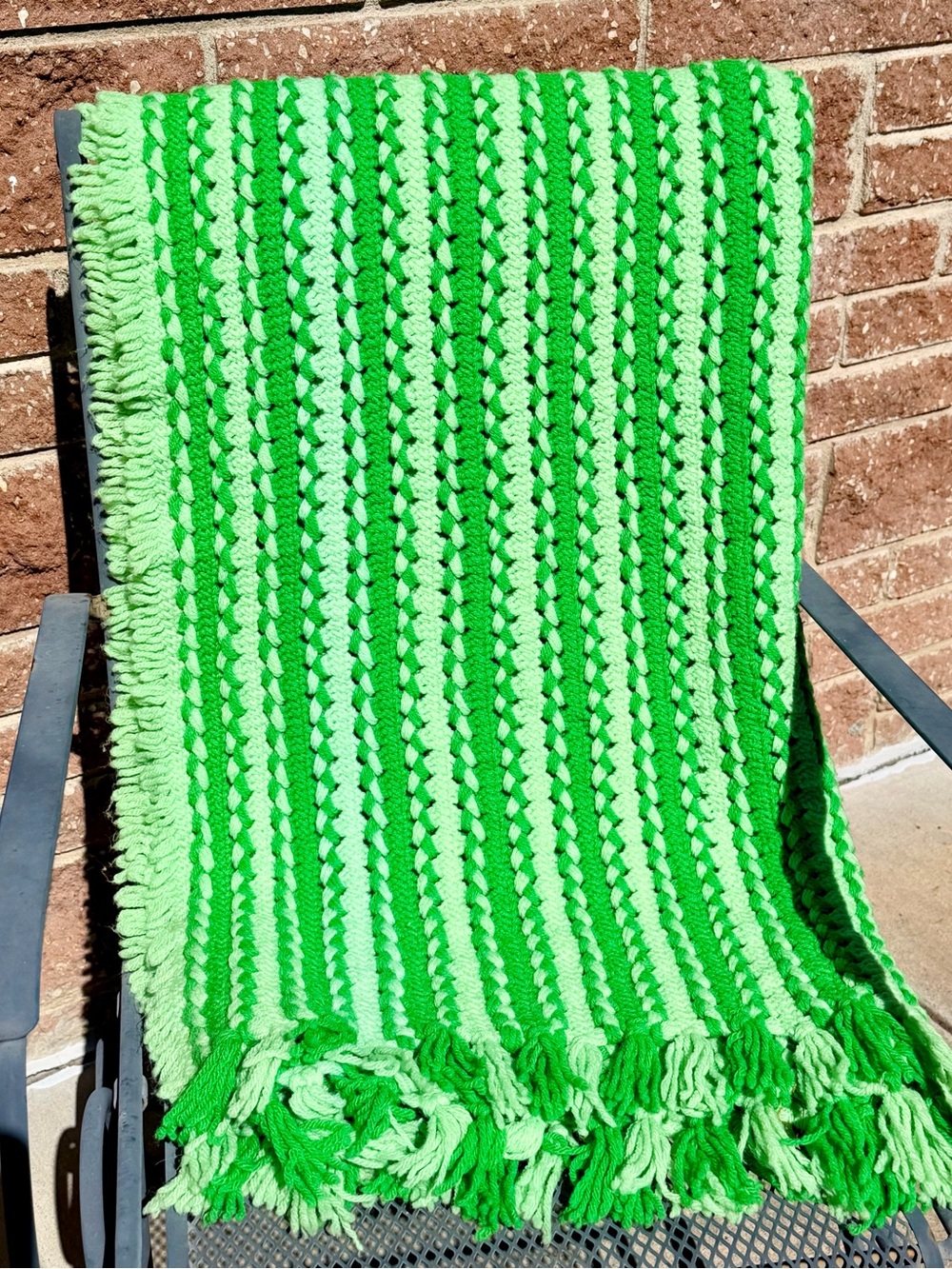 Vintage Green Crochet Blanket Throw Retro 70s Fringe 36x84